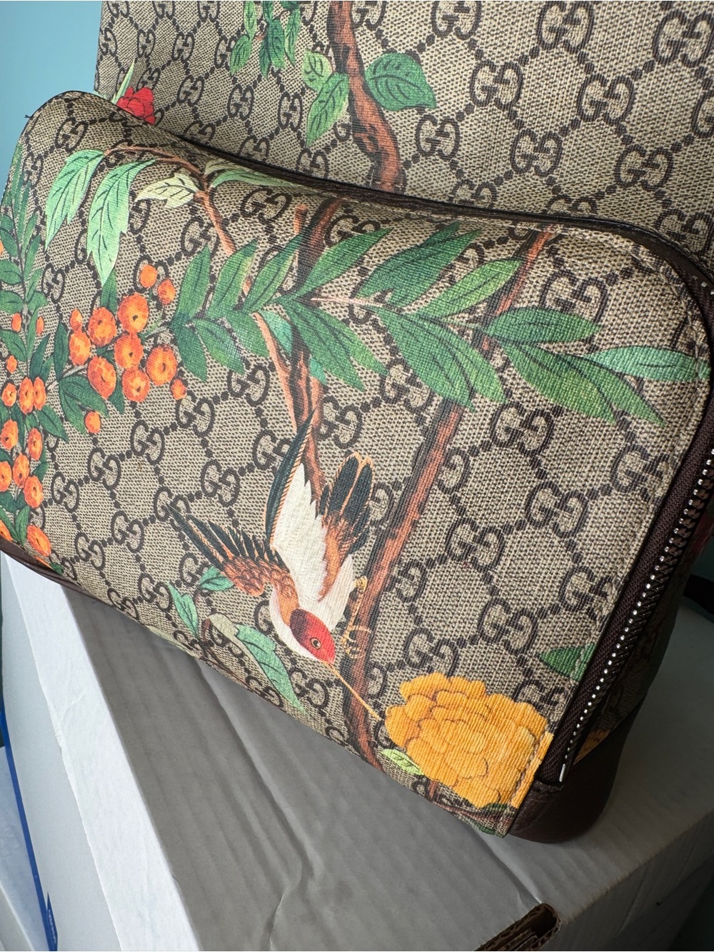 Gucci Brown GG Supreme Floral & Bird Canvas Backpack with Blue Accents - Picture 12 of 13